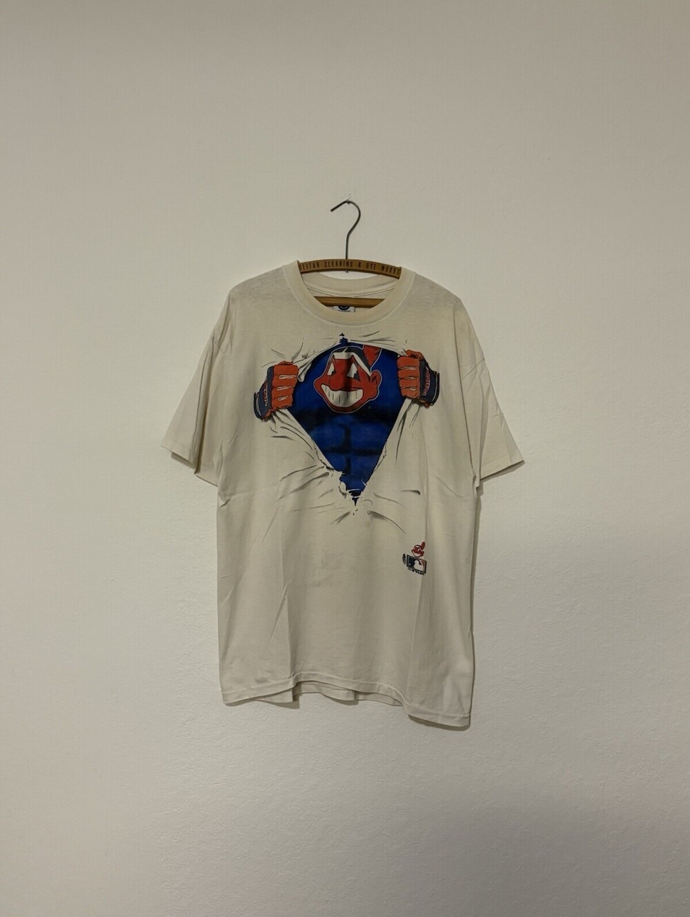 Vintage 90s MLB Cleveland Indians Superhero Rip Through Shirt Size Mens XL